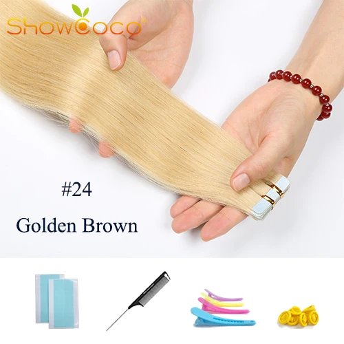 Color24 -20 Pcs ShowCoco лента в Пряди человеческих волос для наращивания натурального волос 20/40 шт, смешанные цвета, Цвет горячие головы для наращивания блеск коричневого до блондинка ленточных накопителей - Цвет: Color24 -20 Pcs