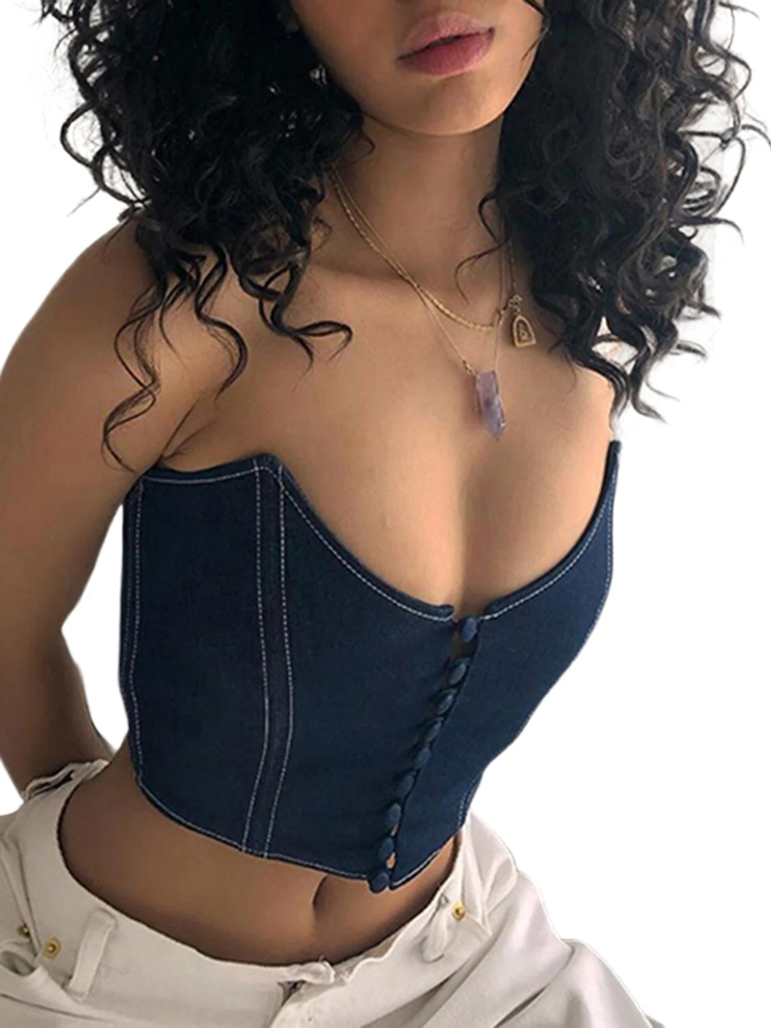 

Sexy Women Hip Hop Denim Strapless Button down Deep V neck Bra Camis High Street Evening party Bodycon Tops
