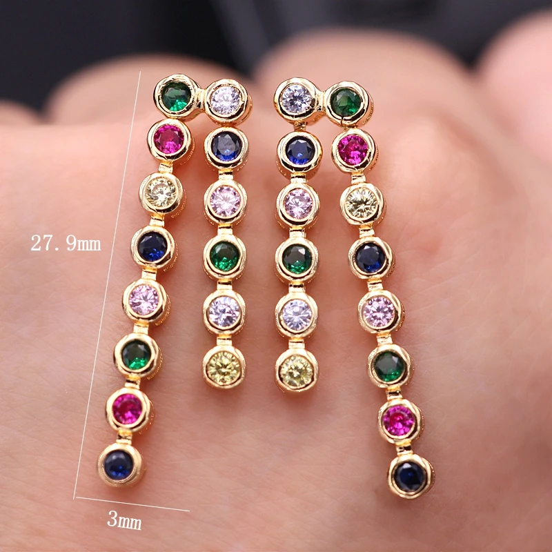 

Multicolored Round Ear Line Long Dangle Drop Earrings colorful rainbow zirconia circle Bohemia gold color earring Women jewelry