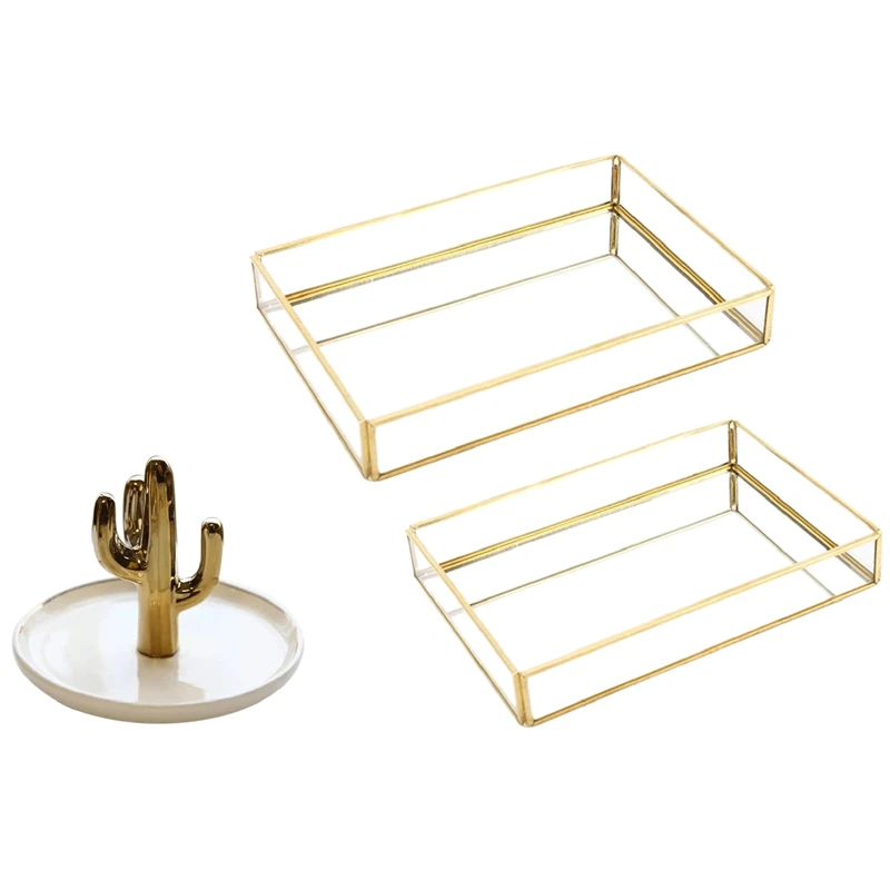 

1x Cactus Shaped Jewelry Display Storage Trays & 2Pcs Storage Tray Gold Rectangle Glass Makeup Organizer Tray S & M