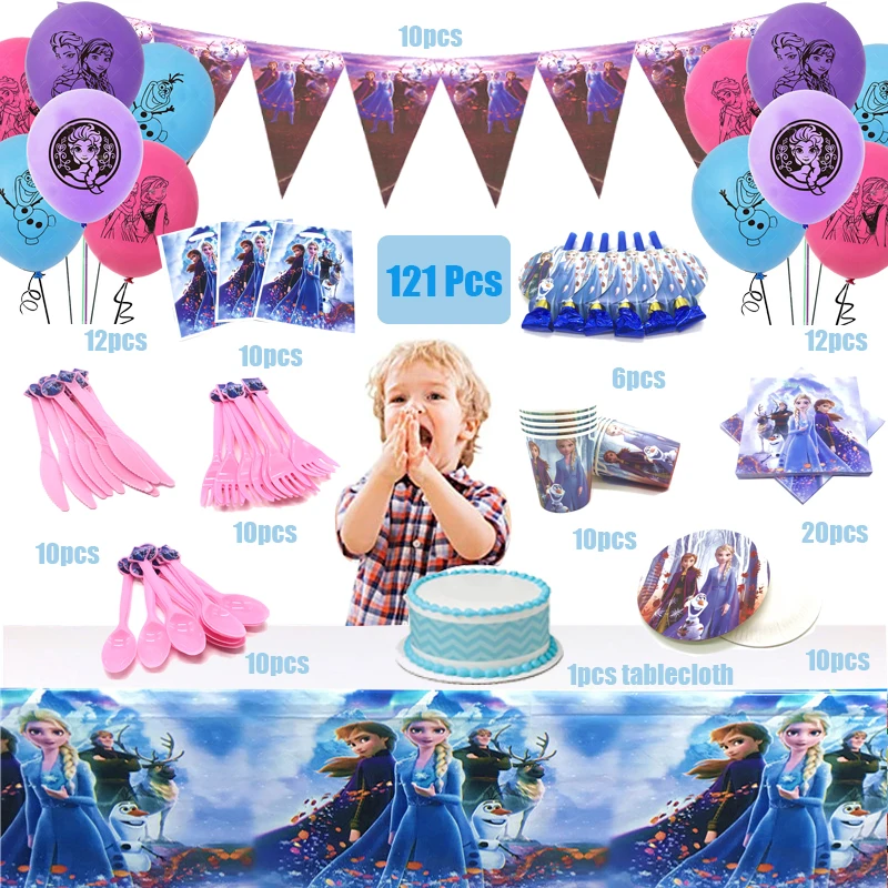 

121Pcs Frozen Mickey Mouse Cars Theme Party Supplies Disposable Tableware Set Balloons Happy Birthday Kid’s Favorite Decoration