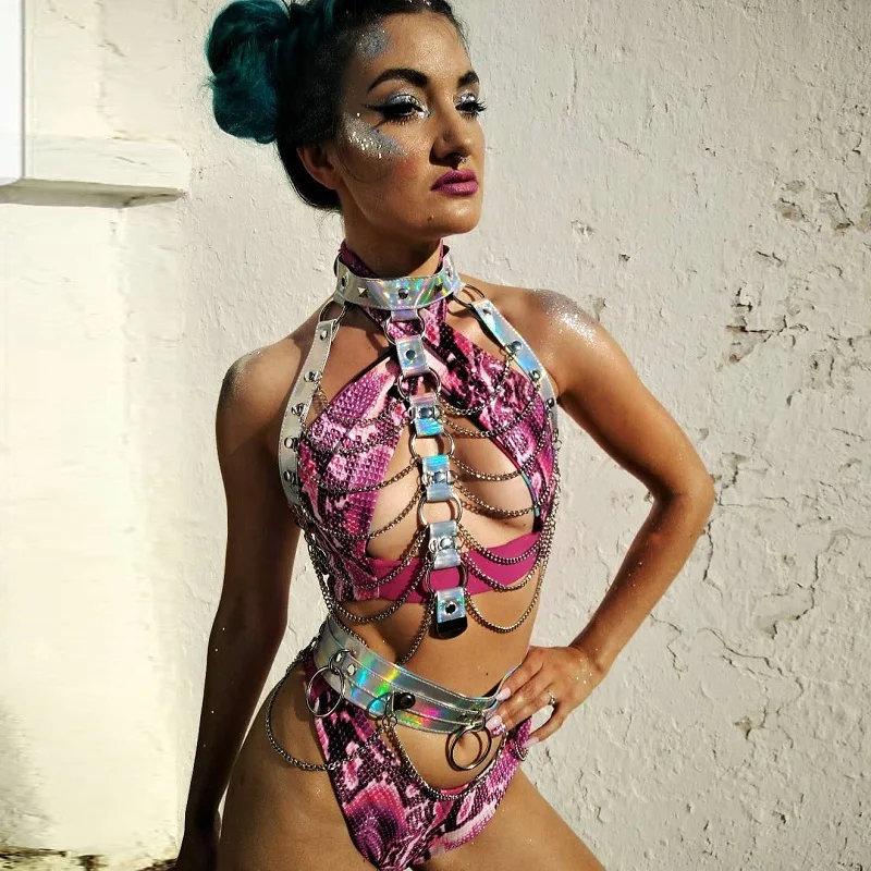 Holographic PU Two Piece Set Garter Hollow Out Choker Cover Up Crop Top Adjustable Waist Chain Music Festival Lady Hot Garters