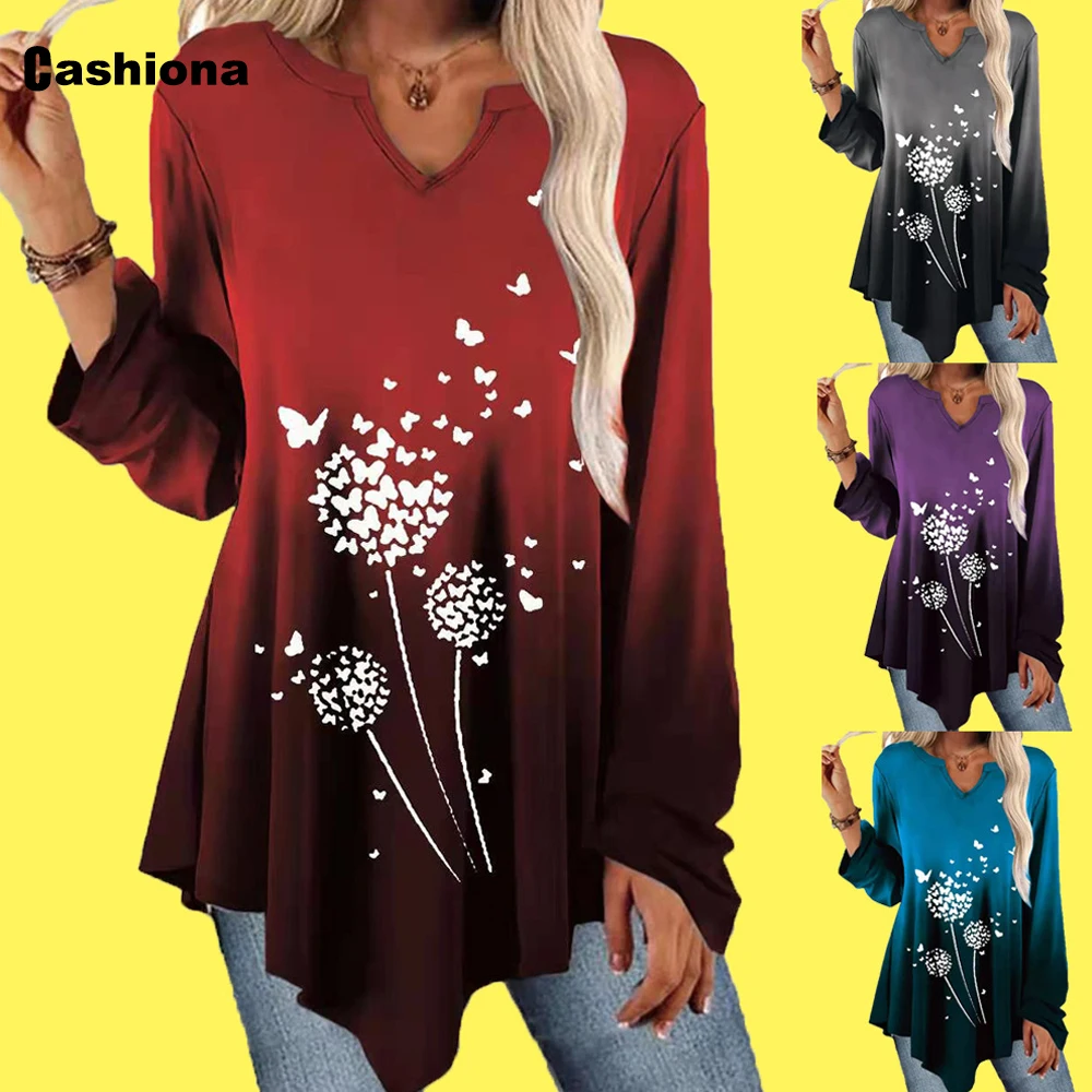 

Ladies Elegant Fashion T-shirt Dandelion Print Loose Women's Top Pullovers 2021 Autumn Irregular Tees Clothing Plus Size S-3XL