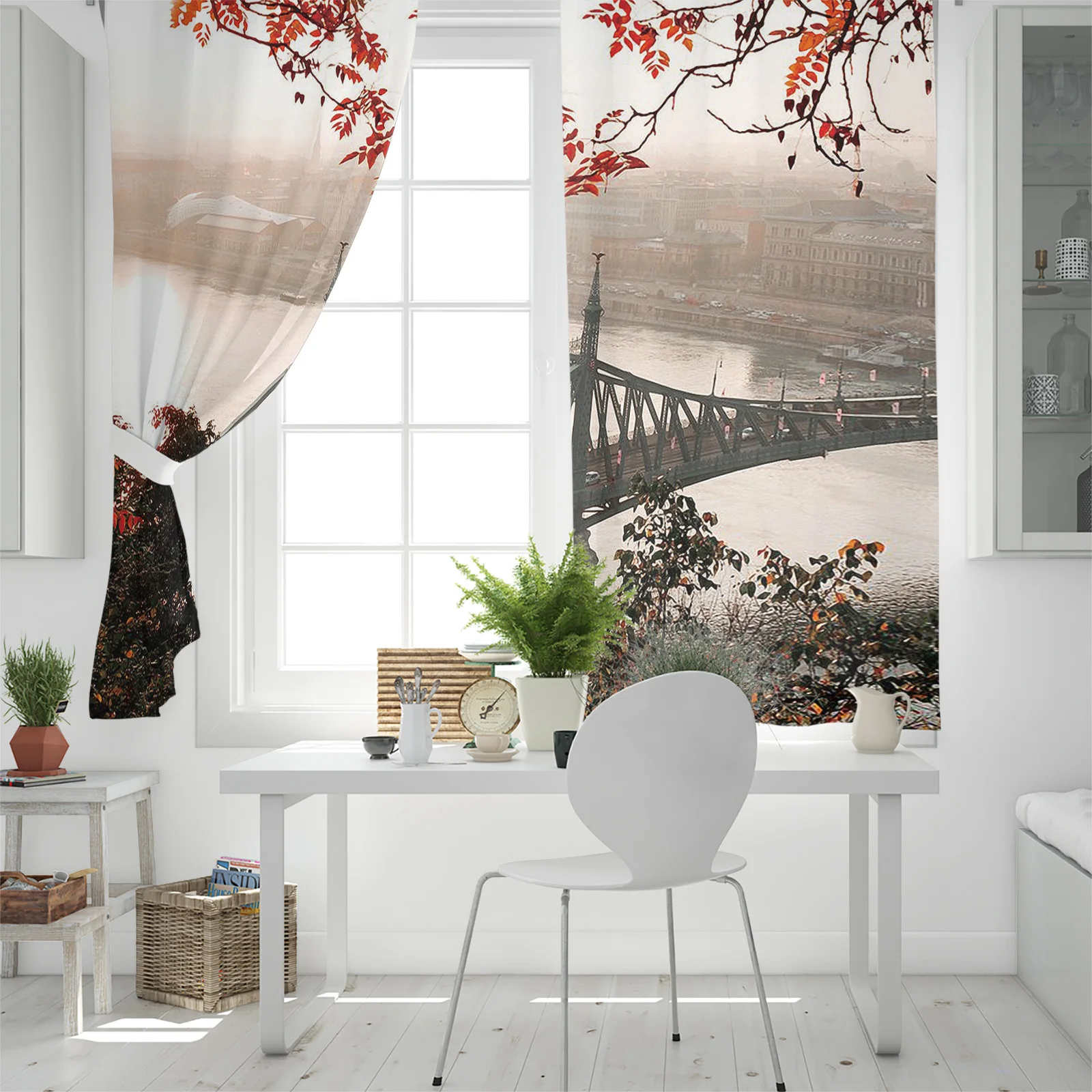 Осенний красный лист Лондонский мост видит оконные занавески для гостиной спальни Современное домашнее украшение Детские занавески.