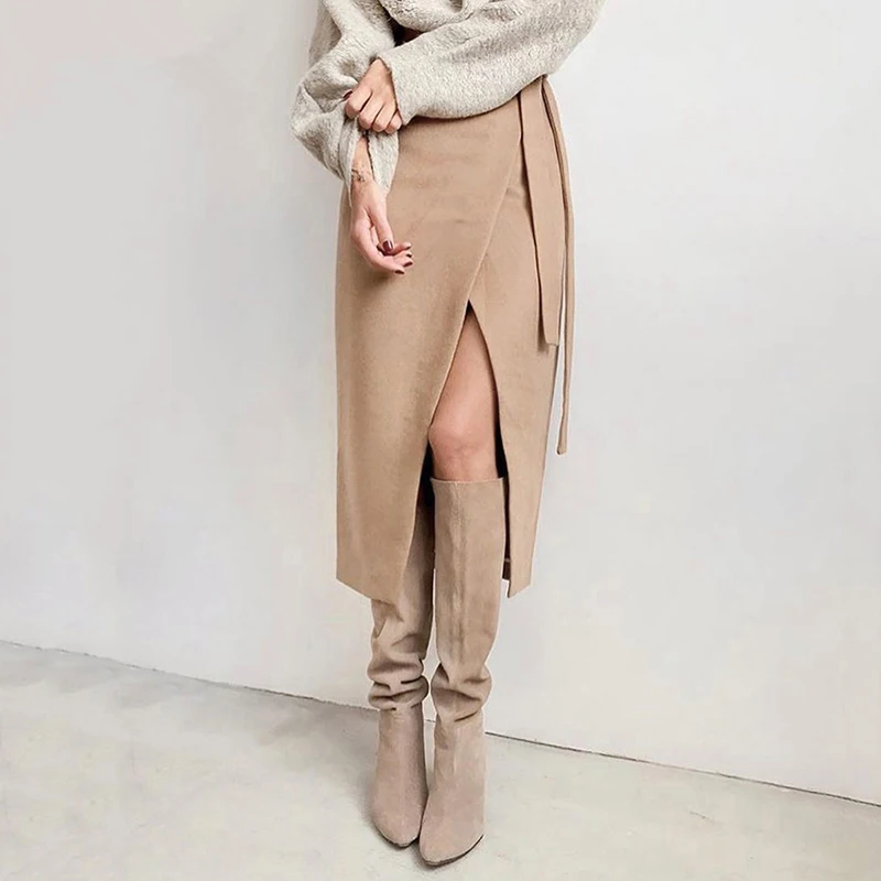 Sexy Elegant Split Hem Skirt Women Office Ladies Mid-culf Suede Long Skirt Women Autumn Winter Lace Up Bandage Skirts Khaki