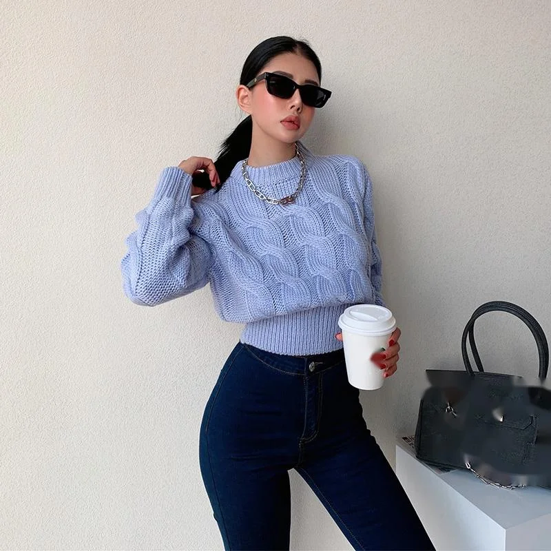 

WOMENGAGA Autumn Winter Fashion Round Neck Waist Closing Thin Short Twist Sweater Women's Knitted Long Sleeve Top Korean 0JZH