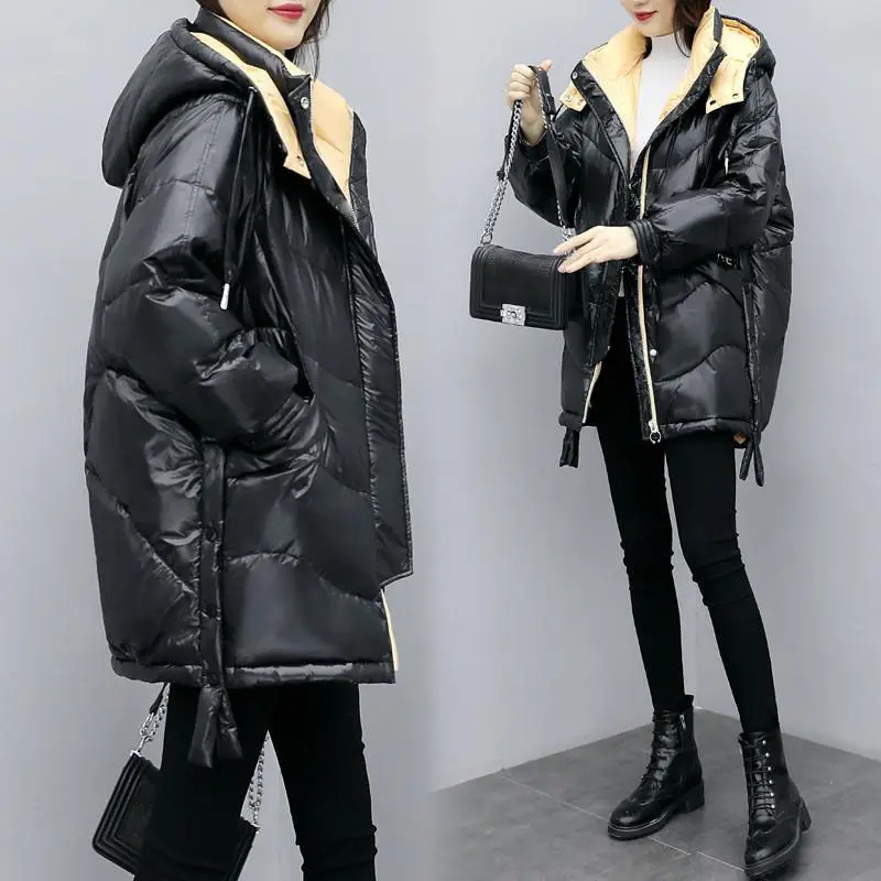 

Fashion New Women's Winter Bright Face Hooded Down Jacket Korean Style Stitching Mid-length Loose Warm Casual Down Jacket Women