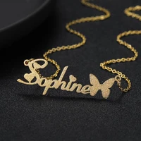 customized frosted name necklace personalized butterfly pendant charm stainless steel nameplate chocker jewelry for women gifts