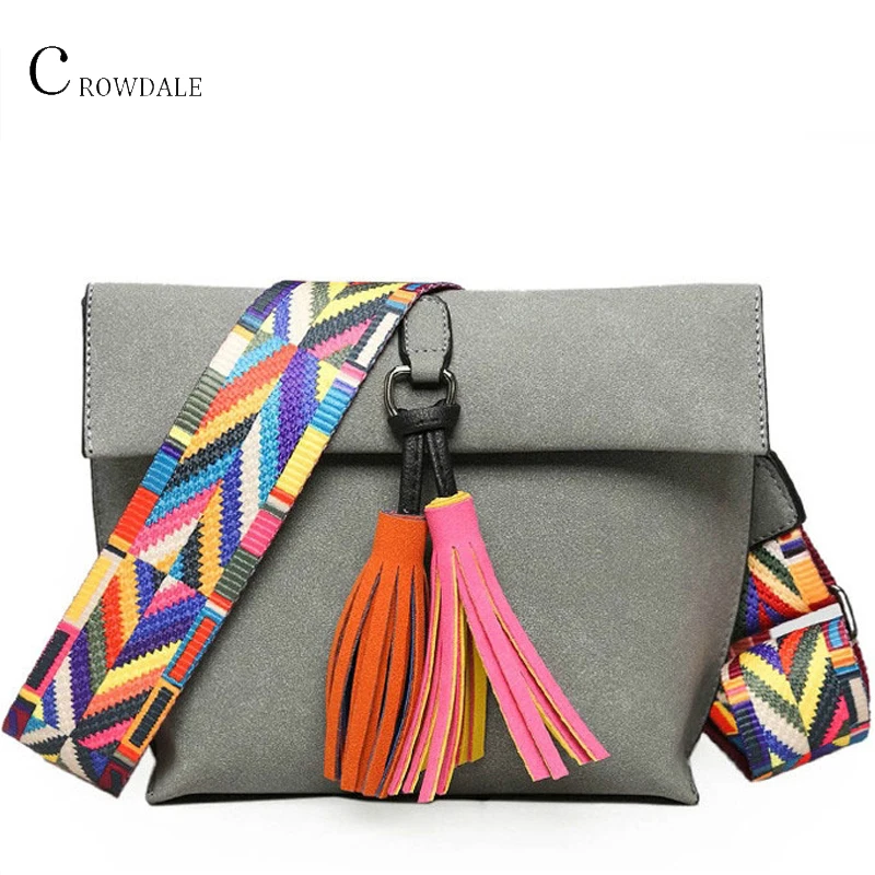 

CROWDALE Messenger Bags Shoulder Bag for Women Crossbody Bag Female Designer Women Leather tassel Handbags with colorful strap