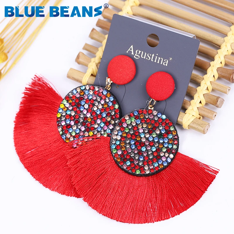 Женские крупные серьги ручной работы геометрические с бахромой желтые красные