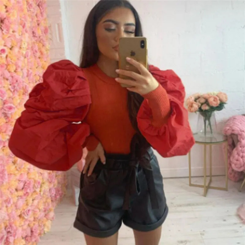 

Womens Puff Long Sleeve O Neck Knit Shirts Casual Shirt Long Sleeve Sexy Blouse Slim Club Tops
