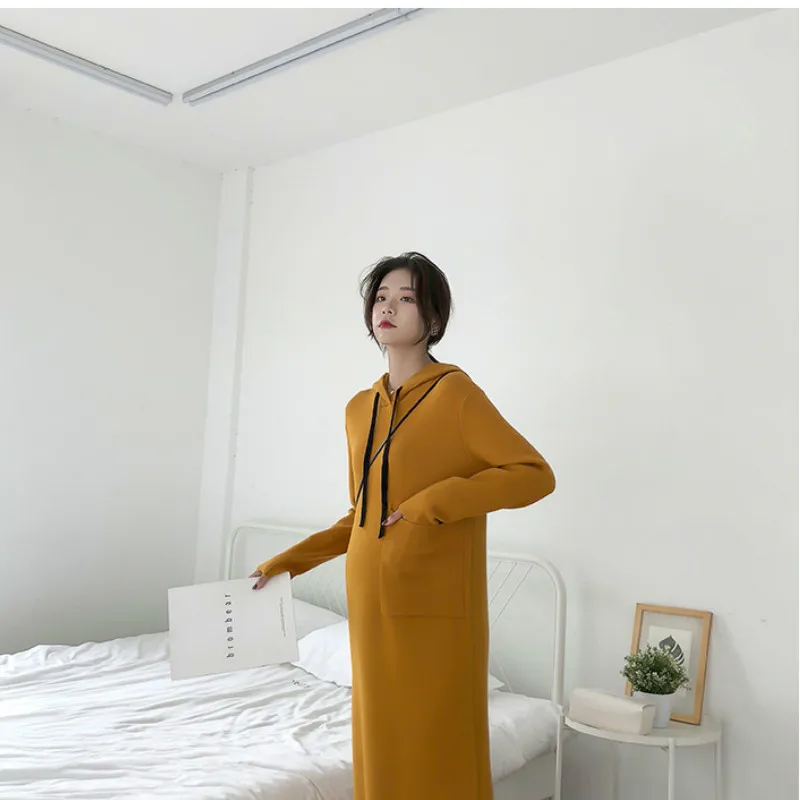 Осенне-зимнее длинное платье-свитер с капюшоном для беременных свободное теплое