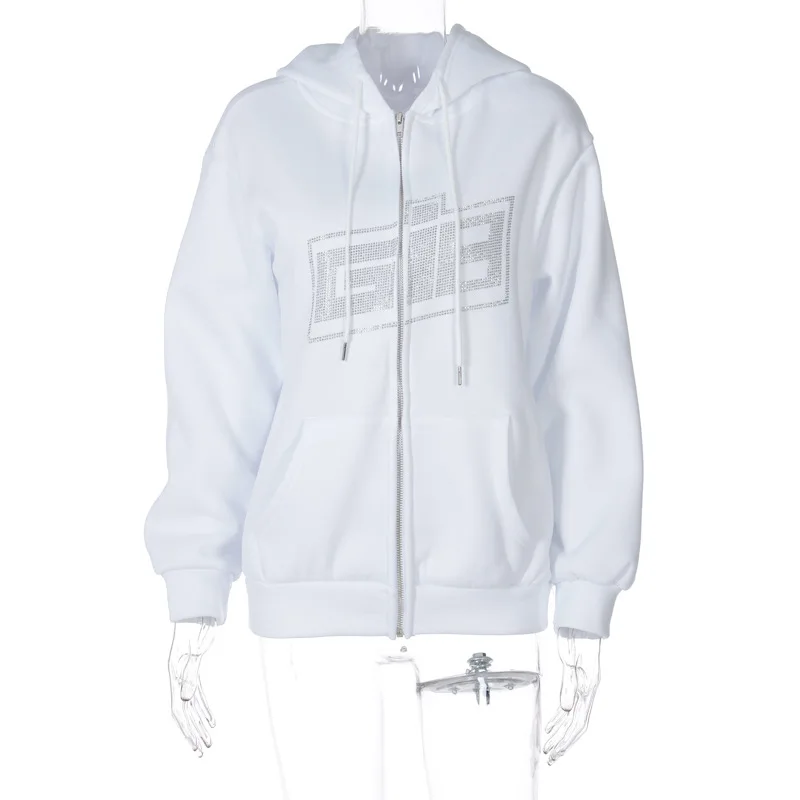 

WOMEN Autumn Outfits Y2K Fashion Rhinestone Loose Zipper Oversized Hoodies E-girl Letter Diamond Long Sleeve Black Sweatshirts