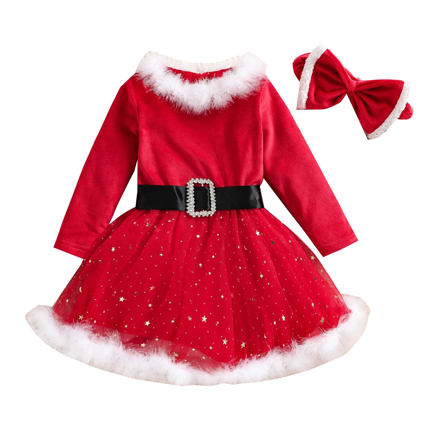 

Christmas Long Sleeve Velvet Girls Dress Headwear 2pcs Outfits Kids Baby Santa Claus Cosplay Costume Autumn Winter Kids Clothing