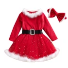Рождественское бархатное платье с длинным рукавом для девочек, головной убор, комплект из 2 предметов, Детский костюм деда мороза, осенне-зимняя детская одежда