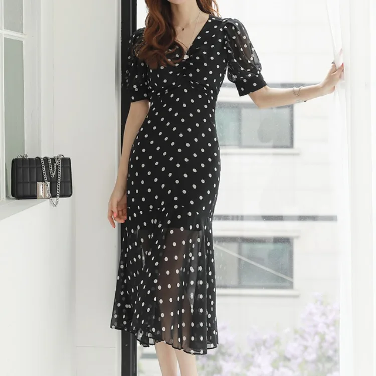 

Casual Women's Dress Tight Waist Sexy Dress Fishtail Elegant Socialite Polka Dot Lace Sheath V-neck Dress Summer