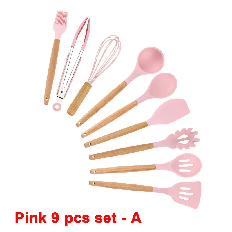 Pink 9 pcs set - A Набор кухонных силиконовых кухонных принадлежностей с антипригарным шпателем лопата с деревянной ручкой набор кухонных инструментов с ящиком для хранения кухонные инструменты - Цвет: Pink 9 pcs set - A