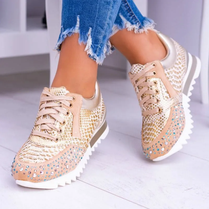 Women Autumn Chunky Vulcanized Shoes Fashion Casual Shoes Snakeskin Print Crystal Lace-Up Sneakers Non-slip Women's Heels