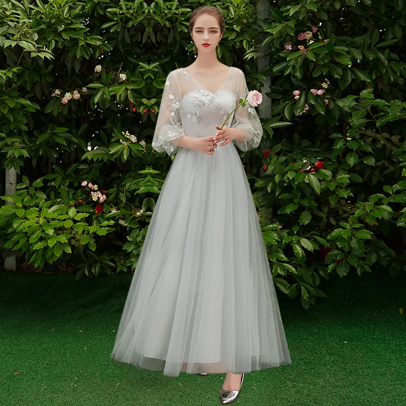SSYfashion элегантное серое длинное платье подружки невесты с аппликацией вечерние
