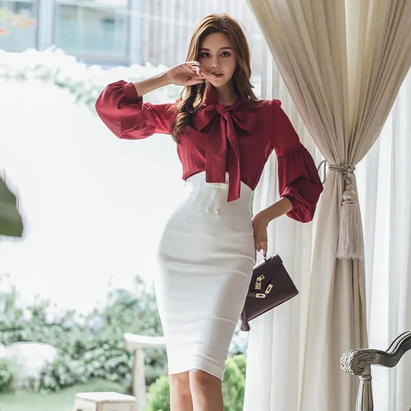 2020 New Spring and Autumn Women Lantern Sleeve Wide Match Blouses High Waist Pencil Bodycon Skirt 2 Piece OL Work Set Z257 |