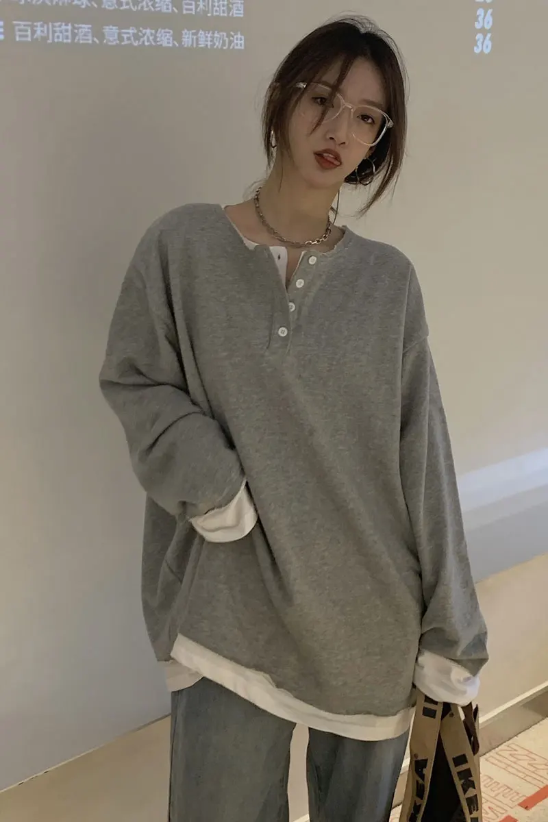 

Fake Two-piece Sweater Women's 2021 Loose V-neck Long Sleeve Pullover Thin Spring And Autumn Long Top Coat Xt210404018