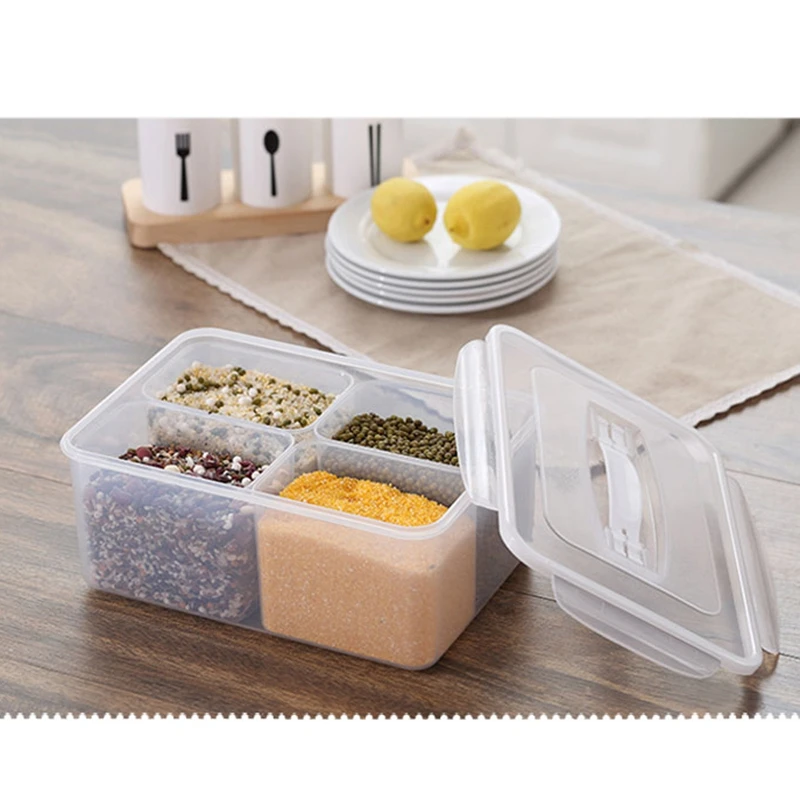 

New 4 Compartment Kitchen Food Multigrain Sealed Box with Lid Multi-Functional Kitchen Refrigerator Plastic Storage Storage Box