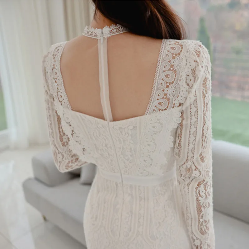 

New High-End 2021 Temperament Slim Splicing Lace Dress Women Spring Sexy Hollow Out Elegant Office Banquet Dresses