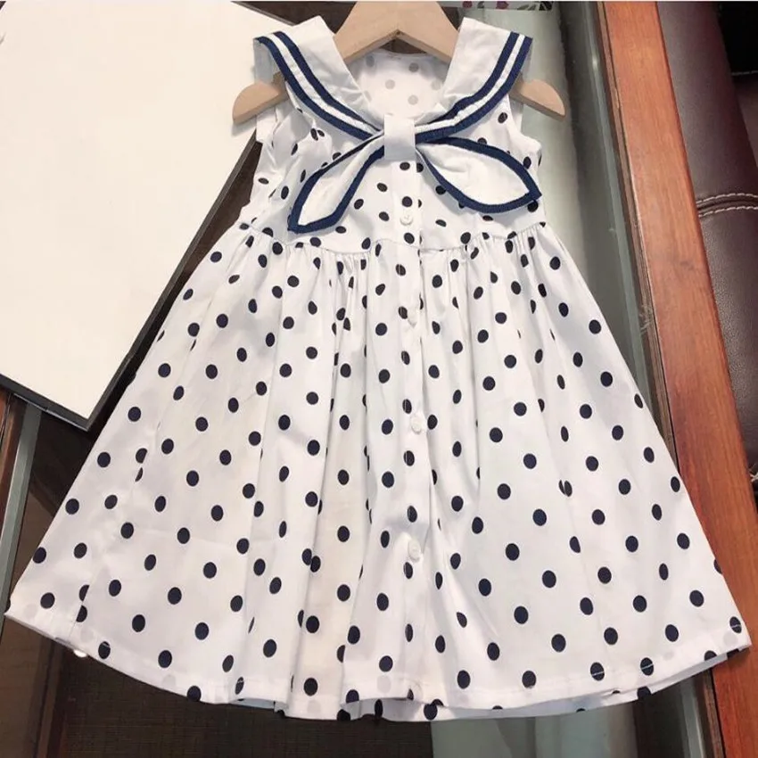 

2021 Summer vintage baby girl sailor collar polka dot dress kids casual bow sleeveless a-line princess dress