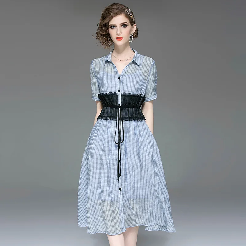 

Summer new ol commuting Lapel Plaid Dress pleated high waist elastic waist shirt medium length skirt female rak06