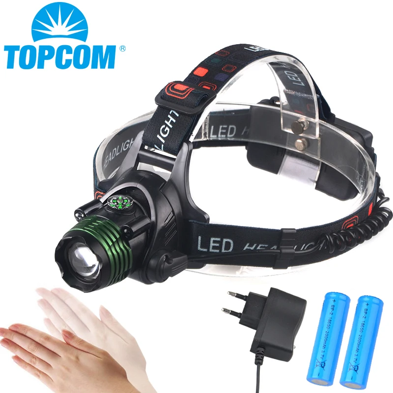 

TOPCOM T6 LED Powerful Headlight with Motion Sensor Camping Light Zoom Waterproof Rechargeable Headlamp with 18650 Battery
