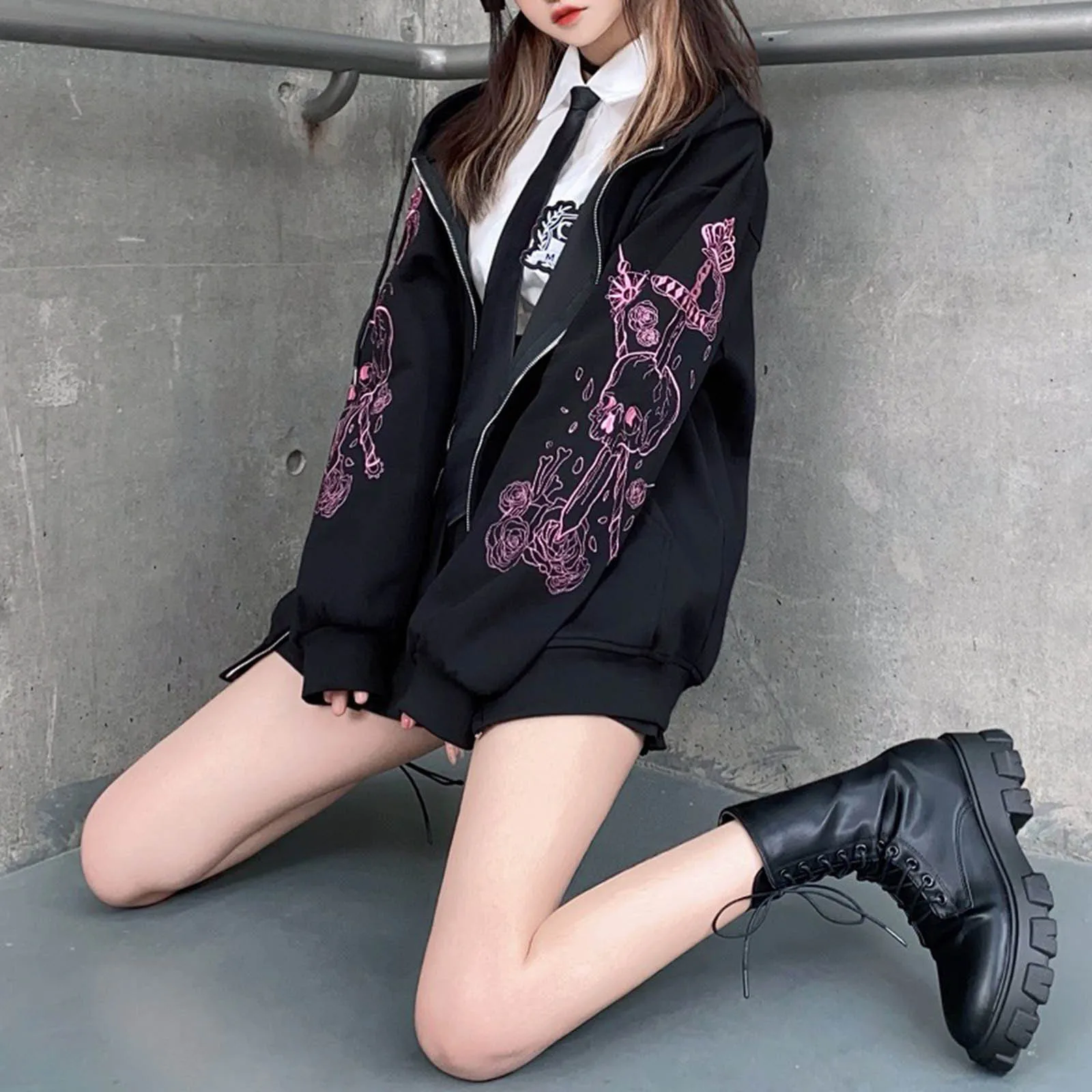 

Plus Size Hoodies Women Harajuku Streetwear Printed Zipper Tie Loose Hoodie Jacket Sweatshirt Hoodie Korean Korean Худи
