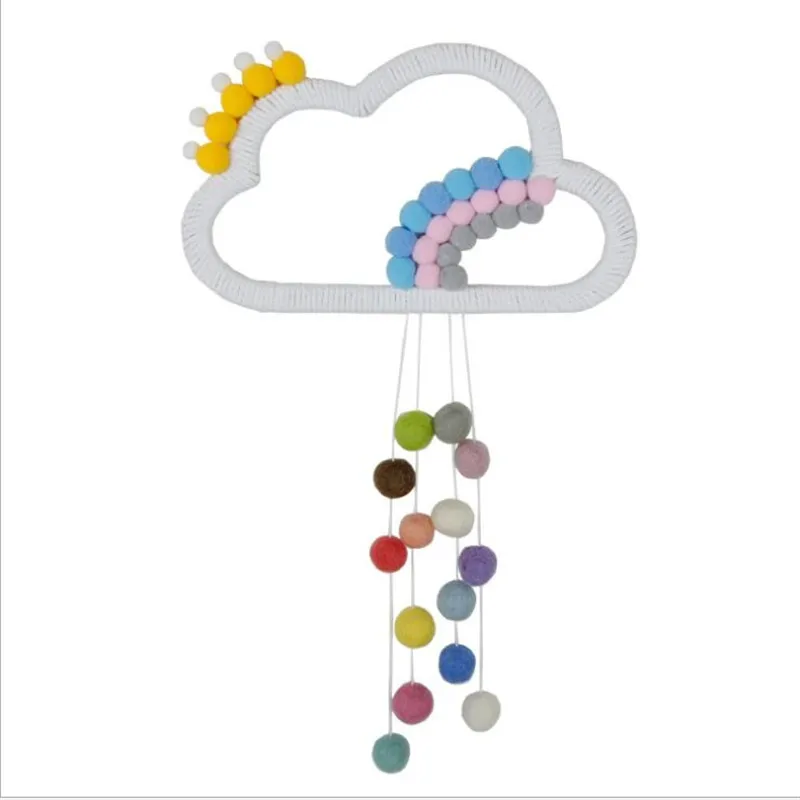 

INS Nordic Hand Woven Cloud With Rainbow Hair Balls Pendant For Kids Room Decoration Wall Hanging Ornaments Nursery Photo Props