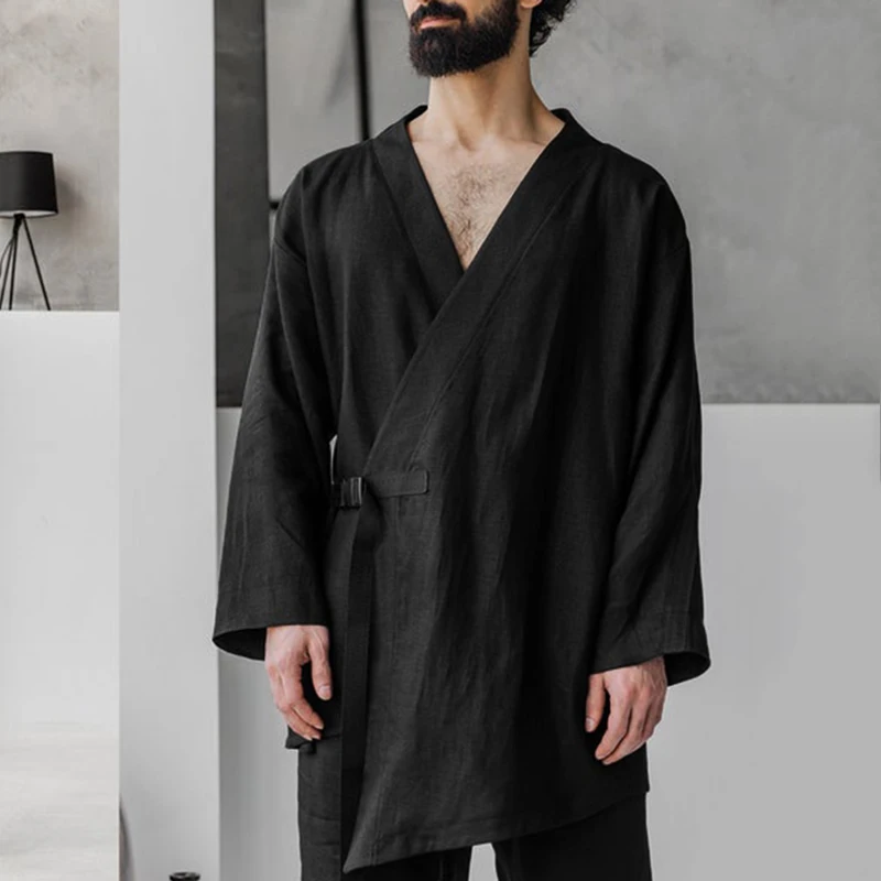 

INCERUN Men Sets Solid Streetwear Kimono V Neck Long Sleeve Lace Up Shirts Elastic Waist Pants Vintage Men Casual Suits 2 Pieces