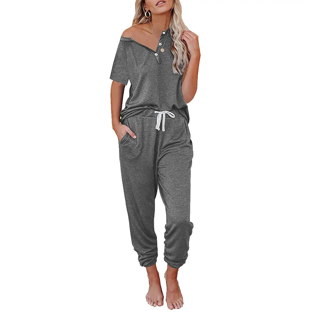 

Women's Leisurewear Pure Color Easy v-neck Button Leisure Suit