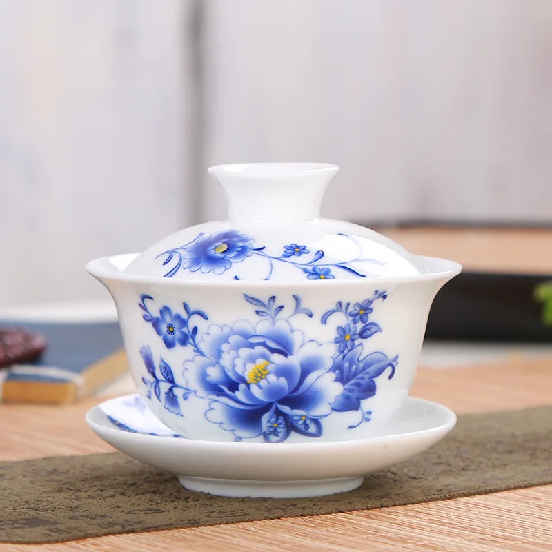 

Высококачественный керамический чайный сервиз Gaiwan из белого фарфора, чаша с крышкой, чайный сервиз синего и белого цвета, чайная чаша 150 мл