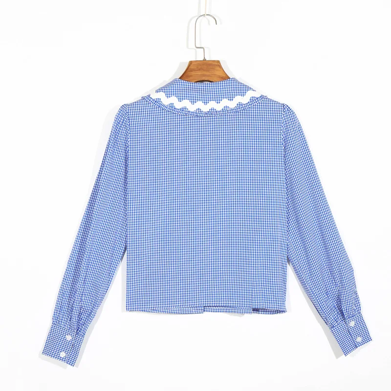 

Summer women's shirt casual plaid lapel long sleeve shirt