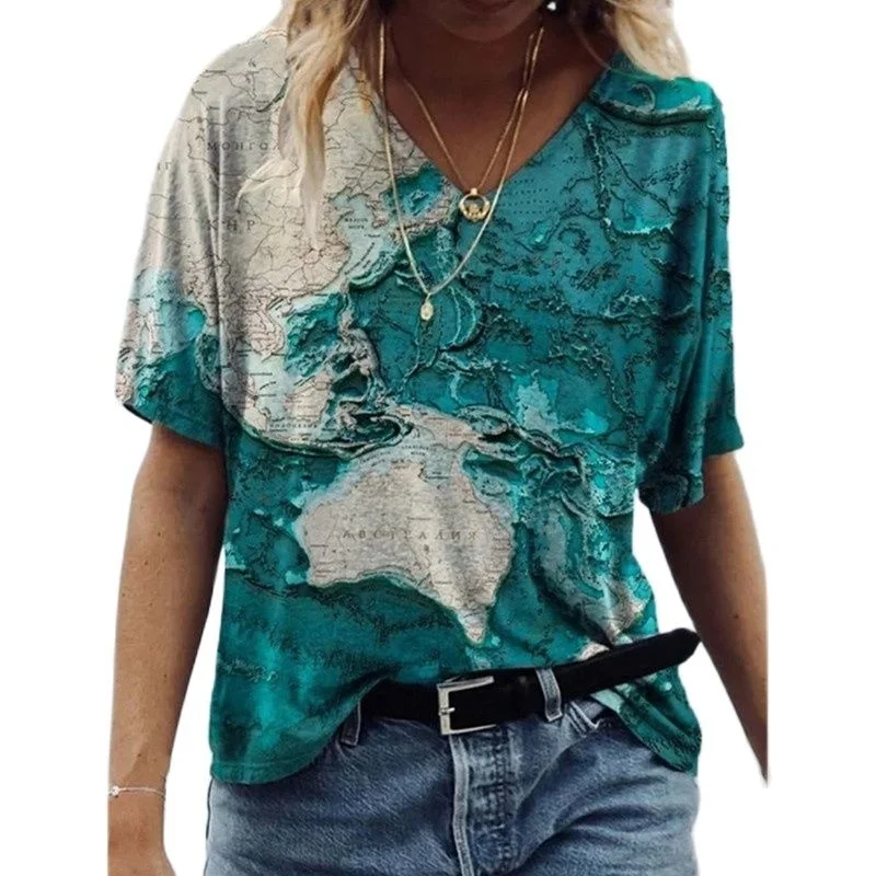 Ladies 2021 Fashion Tops Women Plus Size 3D Map Printing T Shirt Loose V-Neck Short Sleeve Casual Tee Top Summer New Streetwear