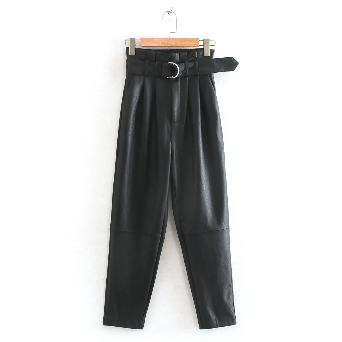 

HAOOHU 2020 new women's leather pants fashion youth high street high waist slim loose eye catching Straight pants Includes belt