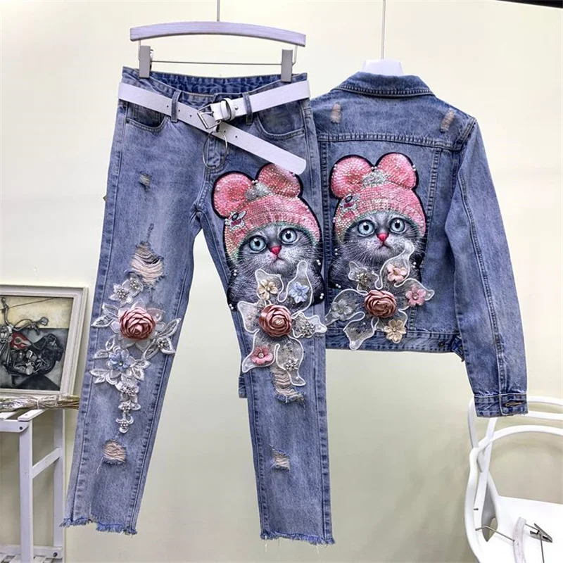 Women Spring Autumn 3D Floral Embroidery Cat Pattern Jeans 2 Piece Set Beaded Casual Denim Jacket Coat And Pants Suit