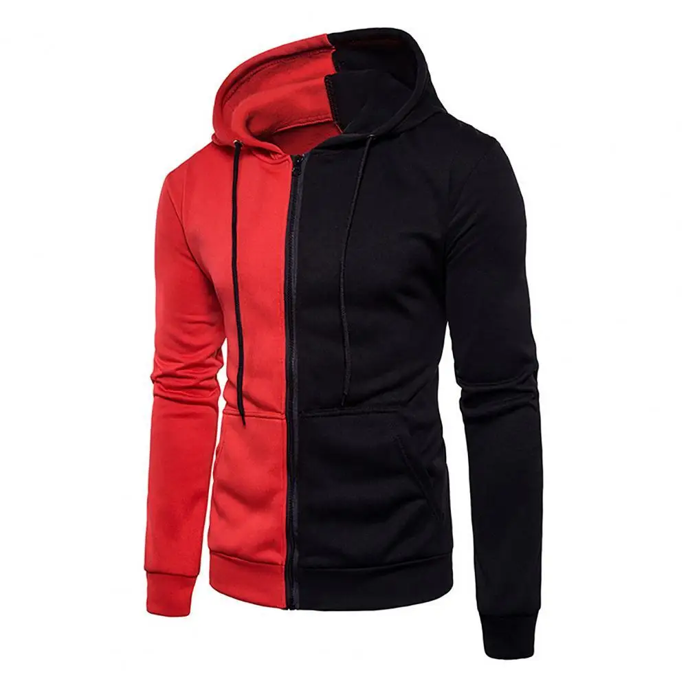 

Casual Men Hooded Zipper Closure Men Jacket Patchwork Long Sleeve Drawstring Side Pockets Sweatshirt Male Clothing 3XL Plus Size