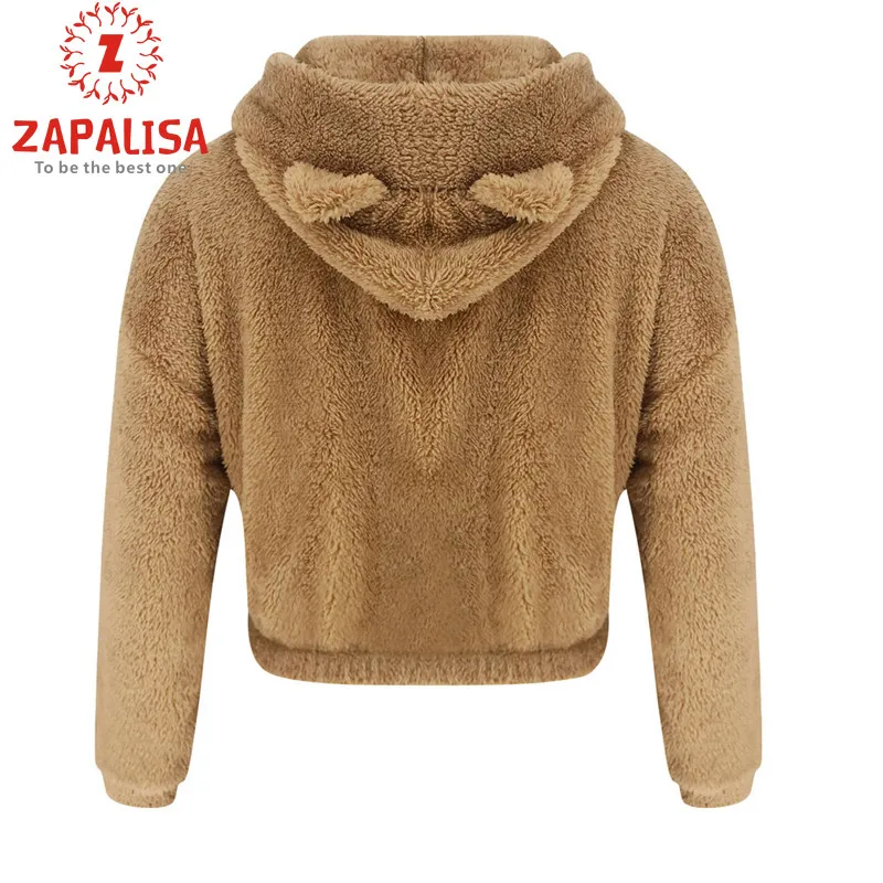 

Fashion Plush Sexy Short Tops Casual Long Sleeve Lovly Hooded Patchwork Streetwear Solid Color Autumn Winter Women Loose Hoodies