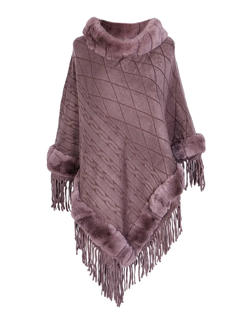 Женская Лоскутная накидка кашемировая с меховым воротником пончо для осени и