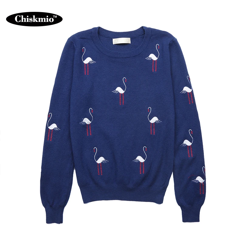 

White Crane Embroidery Sweater Women Clothing O-Neck Long-Sleeve Tops Ladies Kintted Pullover Sweaters Loose Casual Pull Femme