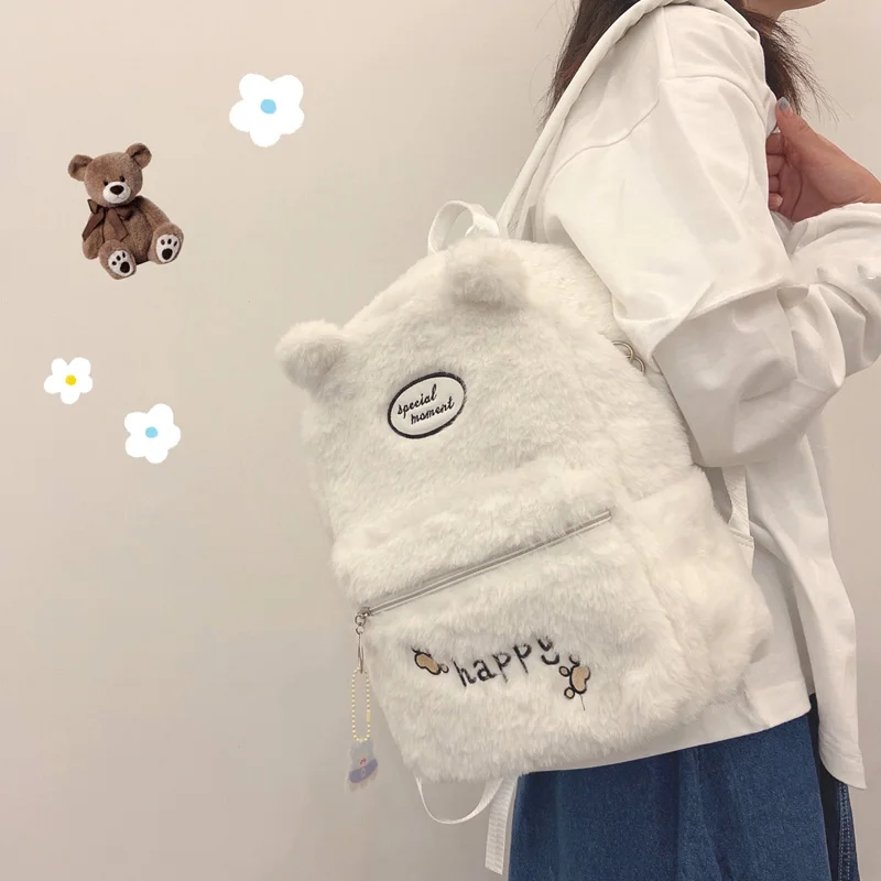 

Winter Female Backpack Casual Classical Women Backpack Fur Fashion Women Shoulder Bag Solid Color School Bag For Teenage Girls