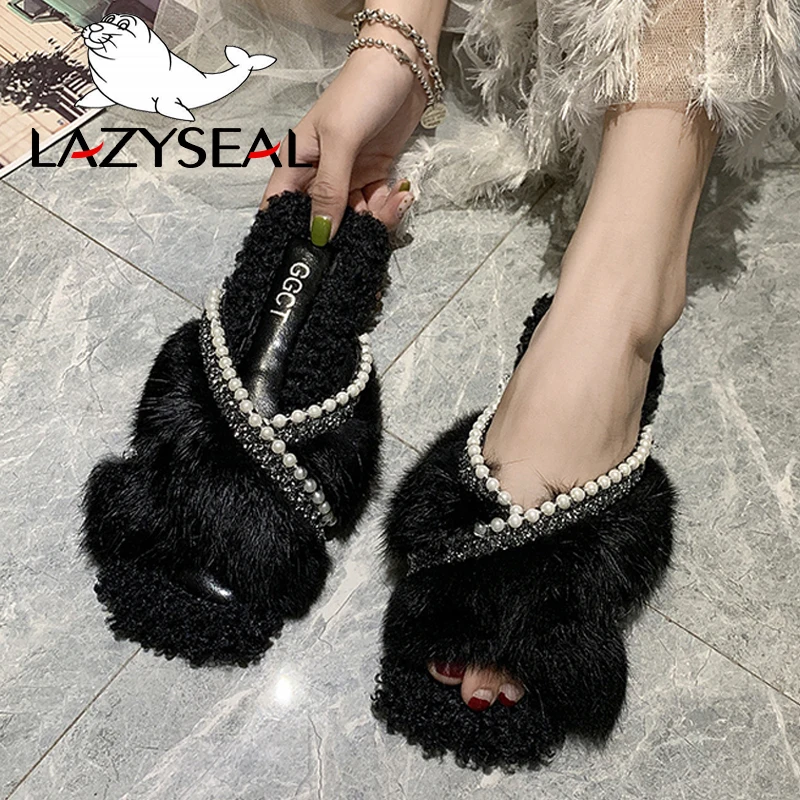 LazySeal с прямым валиковым швом Пушистые тапочки Для женщин настоящая Pabbit меховые