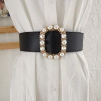 luxury crystal pearl gold buckle belts for women hot wide solid pu leather belt black dress waistbands lady gifts no pin belt