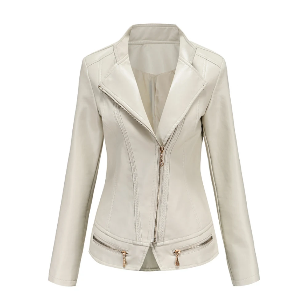 

Sping Autumn PU Leather Jacket Women Slim Stand Neck Long Sleeve Faux Leather Short Motorcycle Jacket Female Zipper Outerwear