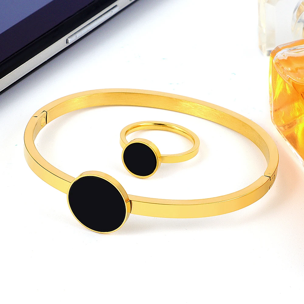 

Fashion Stainless Steel Jewelry Black Round Charm Bangle Bracelets White Shell Rings For Women Men Jewelry Gifts
