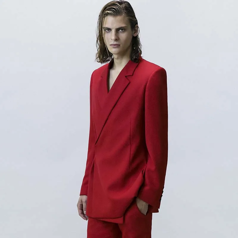 

Trendy Men's Concealed Button Suit Coat Black Red Slim Fit Men's Spring And Summer New Large European And American Fashion Suit
