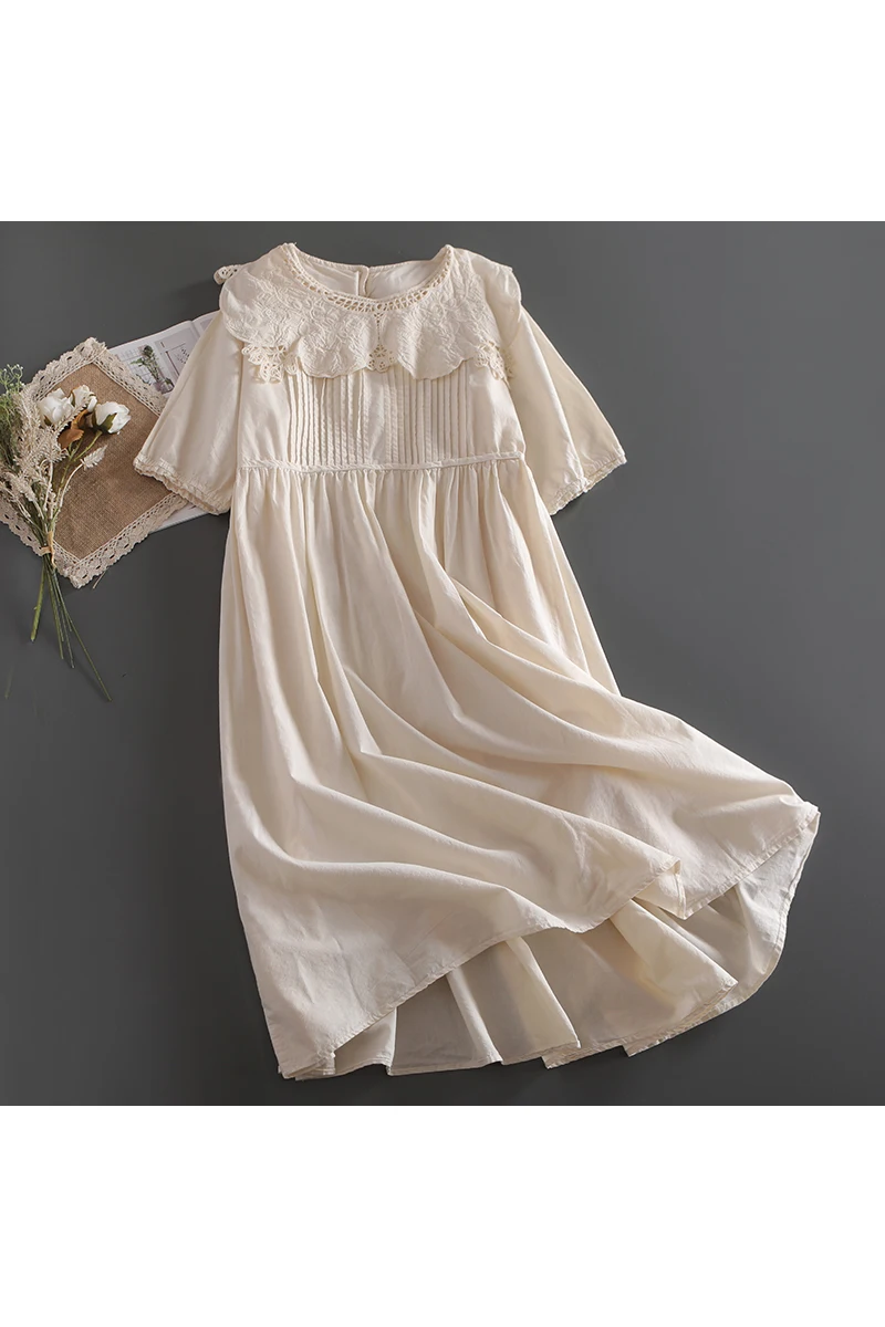

2021 New Lace Big Collar Women Mori Girl Loose Accordion Pleated Lace A Dress Short-Sleeve Long Dress Female
